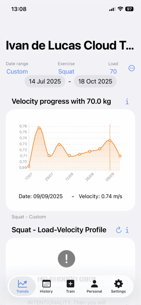 How to Program Your Workouts Using Barbell Velocity 5 Spleeft screenshot that shows the velocity progression with 70 kg