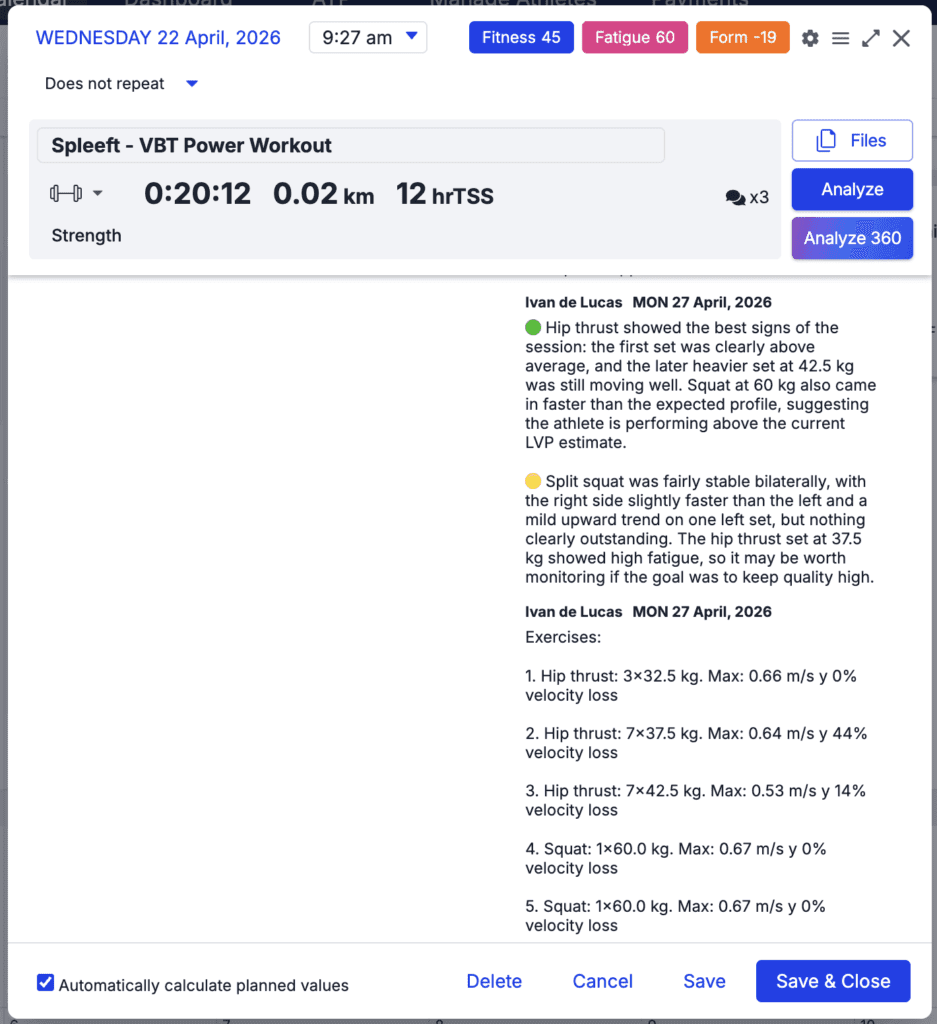 Captura de ecrã do TrainingPeaks onde os treinadores podem ver informações rápidas e acionáveis sobre a sessão VBT