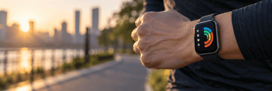 Un deportista comprueba un reloj inteligente genérico original durante una sesión de entrenamiento al aire libre